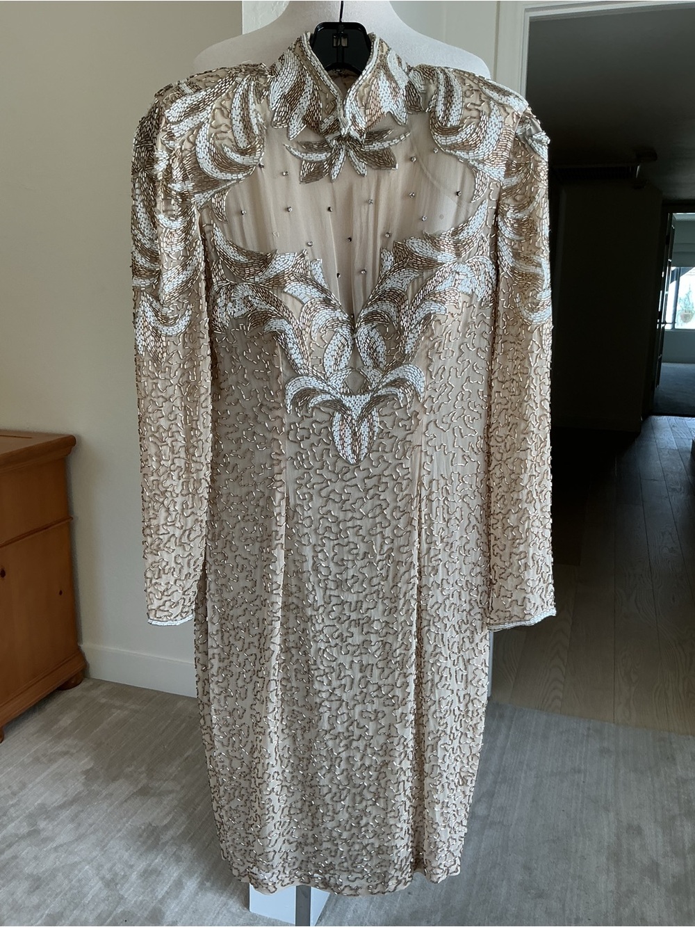Vintage Deadstock Black Tie Silk Embellished Champagne Cocktail Dress - Size 6
